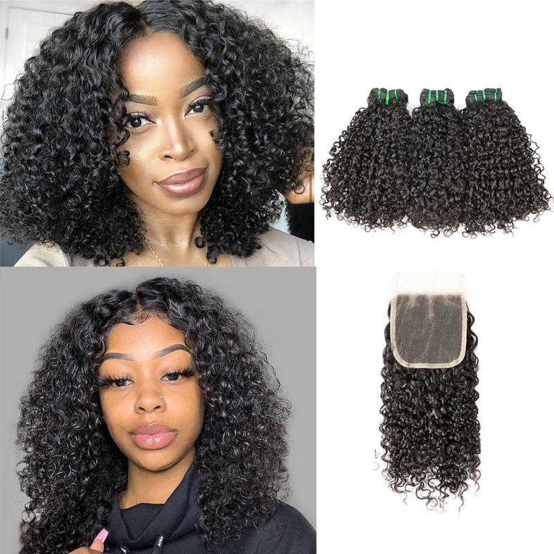Stema Double Drawn Pissy Curly Virgin Human Hair With 4x4 Lace Closure